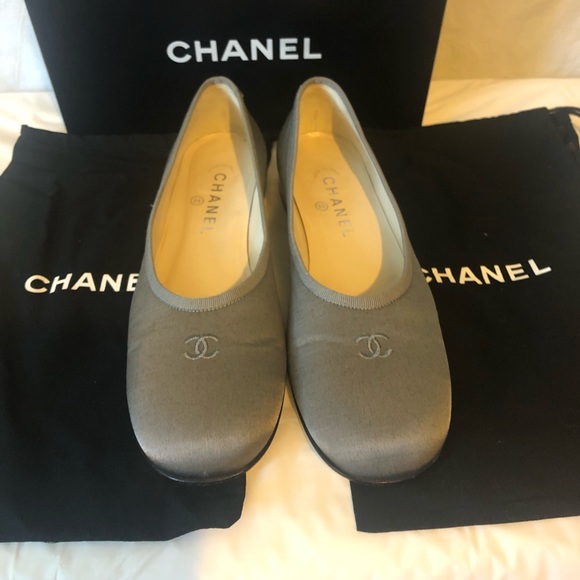 CHANEL, Shoes, Chanel Ballet Flats Grey Satin Over Leather 8137 Original  Box 2 Dust Bags Euc